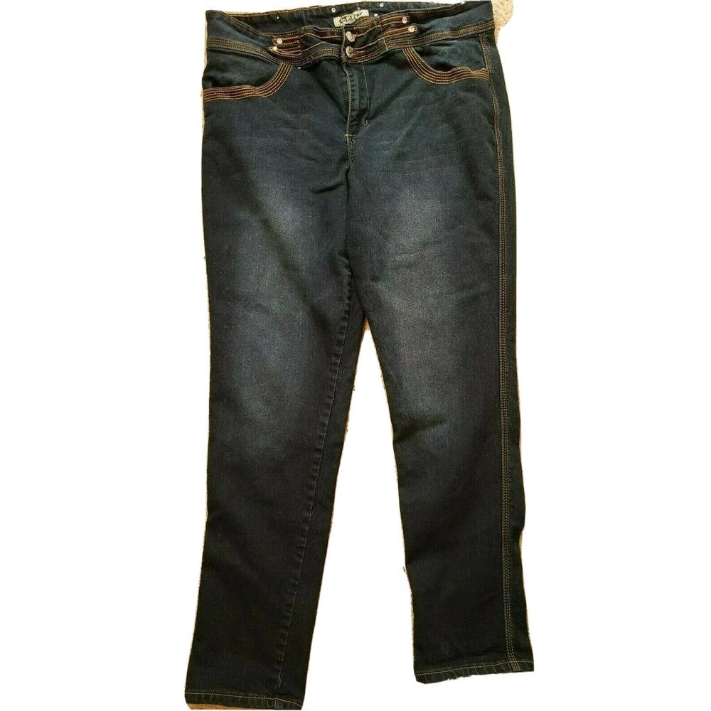 Cleo Womens Dark Denim Stretchy Embellished Rhinestones Skinny Jeans 10